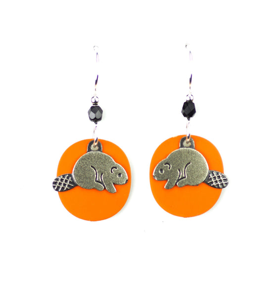 Beaver Earrings, Silver on Orange.