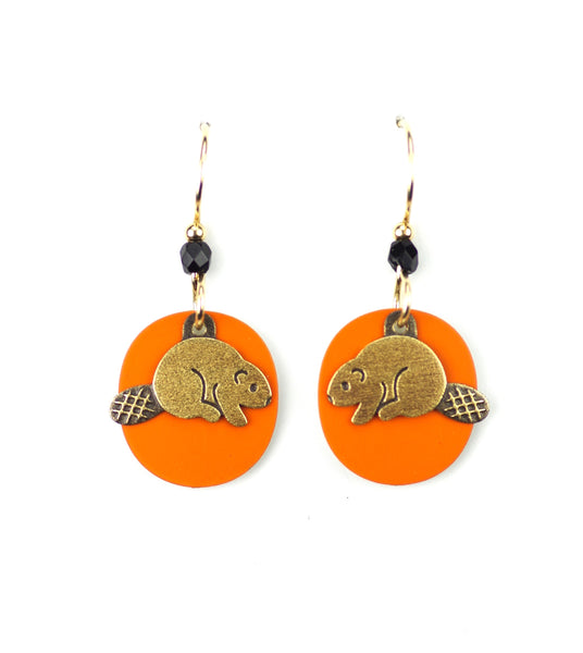 Beaver Earrings, Gold on Orange.
