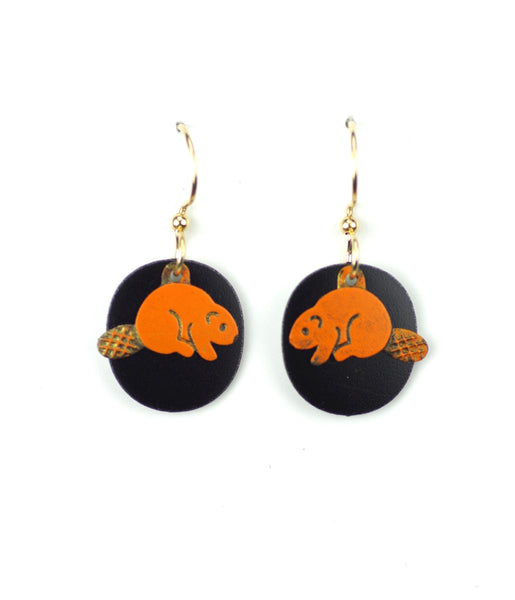 Beaver Earrings, Orange on Black