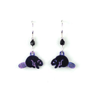 Beaver Earrings, Black and Purple.