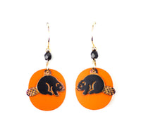 Beaver Earrings, Black on Orange.